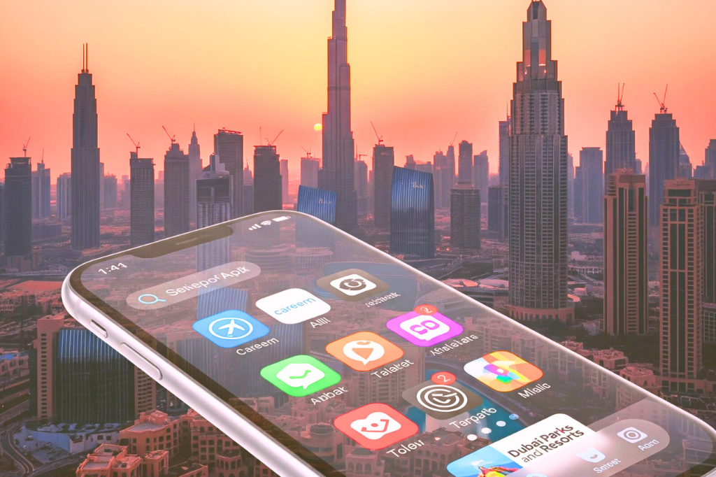 Iphone mockup tilted over a Dubai skyline at sunset. The screen displays popular Dubai apps