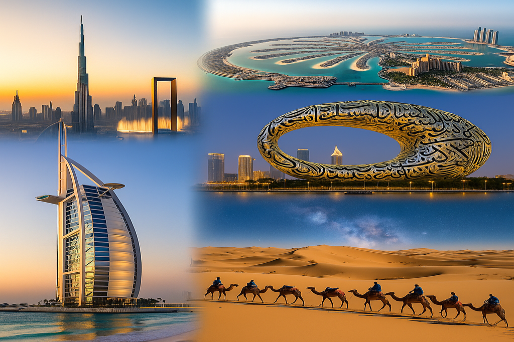 Collage ikonischer Dubai Sehenswürdigkeiten 2025, darunter Burj Khalifa, Burj Al Arab, Palm Jumeirah, Museum of the Future und eine Kamelsafari in der Wüste
