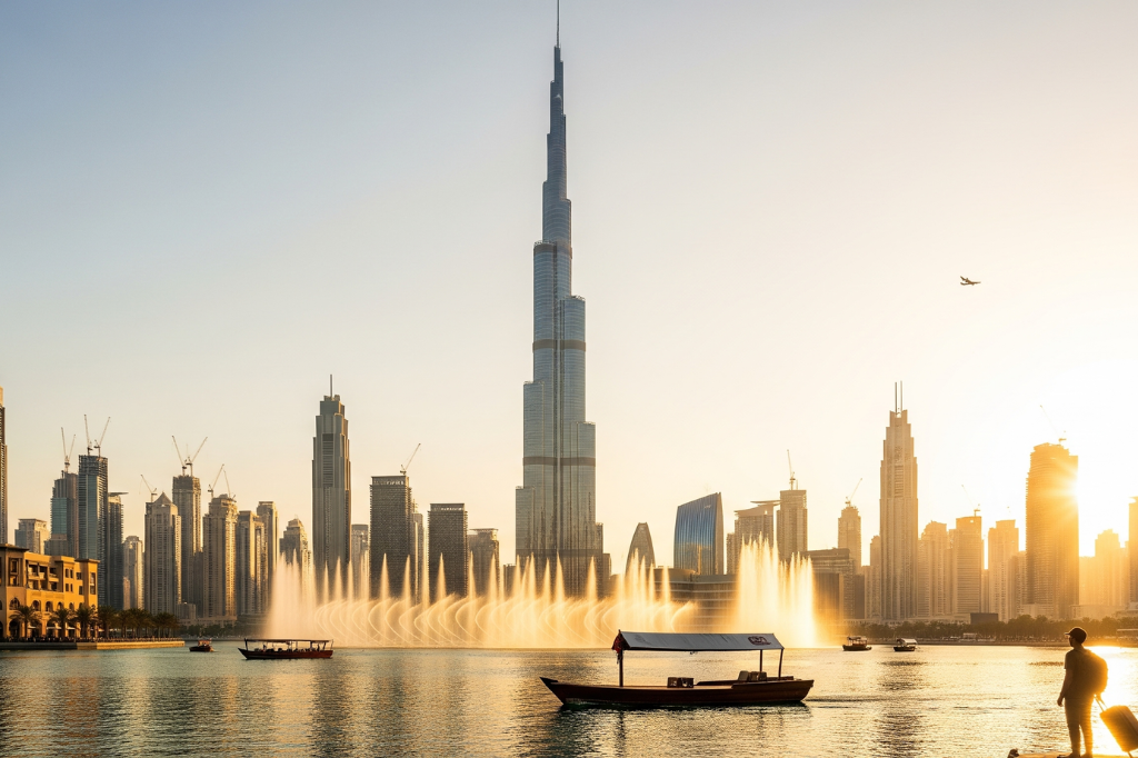 Sonnenuntergang über der Dubai Fountain mit Burj Khalifa und traditionellen Abra-Booten, ikonische Skyline für deinen Dubai Urlaub