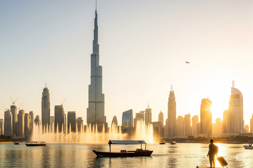 Panoramablick auf die Dubai Skyline bei Sonnenaufgang mit Burj Khalifa, Dubai Fountain, Abra-Boot und Reisendem mit Koffer