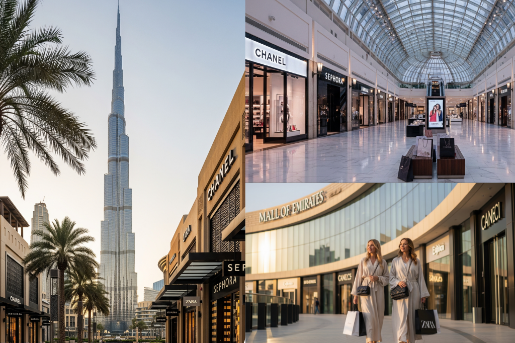 Split image showing luxury shopping in Dubai: Burj Khalifa viewed from a high-end shopping street with Chanel, Sephora, and Zara stores; interior of Dubai Mall with luxury