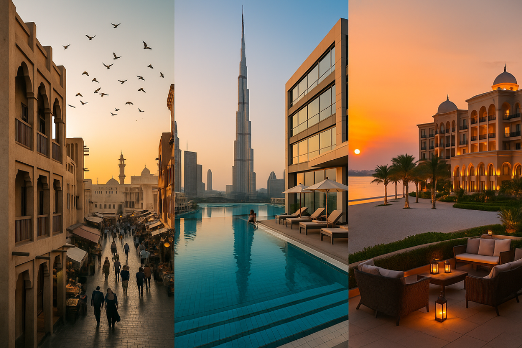 Collage realistischer Aufnahmen berühmter Sehenswürdigkeiten in Dubai, darunter der Dubai Frame, Global Village, Atlantis The Palm, Al Fahidi Viertel und Dubai Creek, bei Sonnenuntergang und Nacht, mit moderner Architektur, Wasserwegen und traditionellen Elementen.