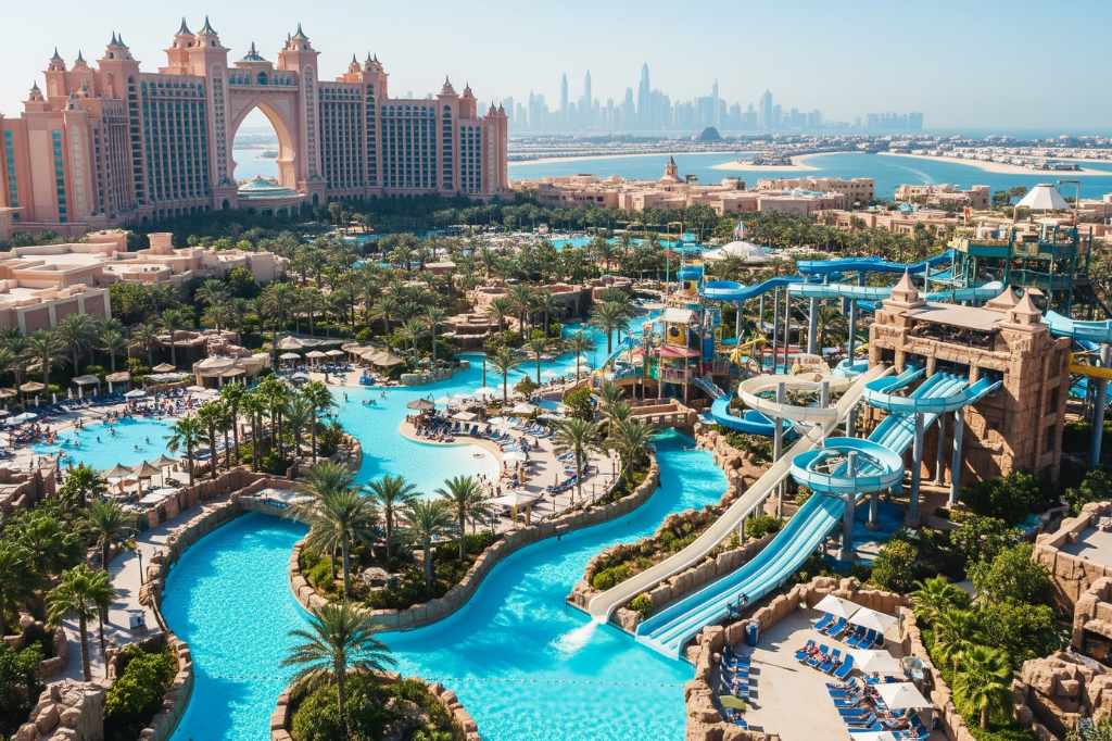 Aerial view of Aquaventure Waterpark at Atlantis The Palm Dubai showing multiple water slides, pools