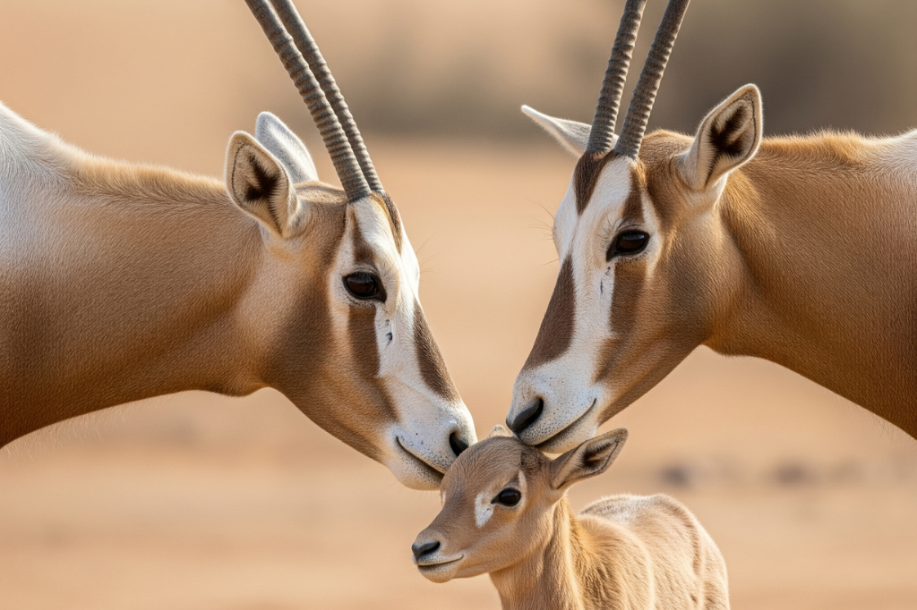 Arabische Oryx Familie mit Jungtier im Dubai Desert Conservation Reserve