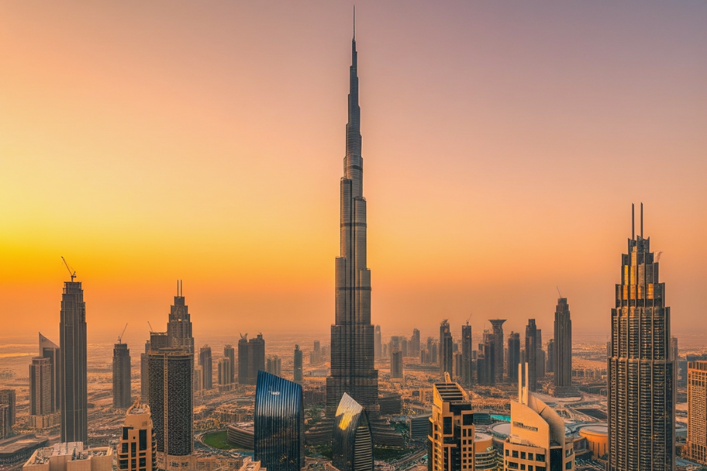 Dubai Skyline mit Burj Khalifa bei extremer Hitze während Golden Hour. Spektakulärer Blick auf das Dubai Klima mit orange-rosa Himmel und sichtbaren Hitzeschlieren