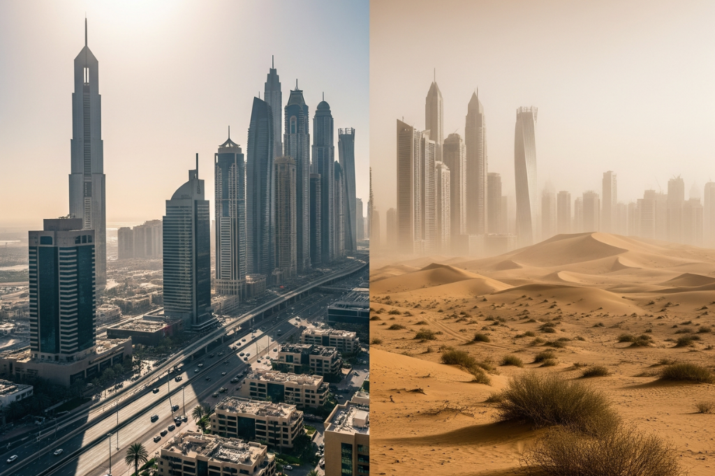 Split-screen image showing Dubai's climate change challenges: left side features Dubai's modern skyline with the Burj Khalifa and skyscrapers under clear skies; right side shows the same city obscured by sand and desert conditions with sparse vegetation in the foreground, illustrating the environmental pressures facing the UAE.