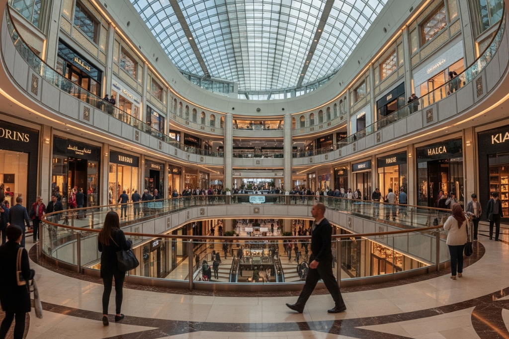Dubai Mall Innenansicht zeigt mehrstöckiges Einkaufszentrum mit Luxusgeschäften, Glaskuppel und Shopping-Atmosphäre