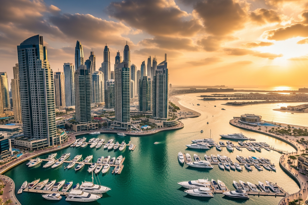 Luftaufnahme des Dubai Marina Yachthafens mit Luxusbooten, modernen Wolkenkratzern und Kanal während der goldenen Stunde