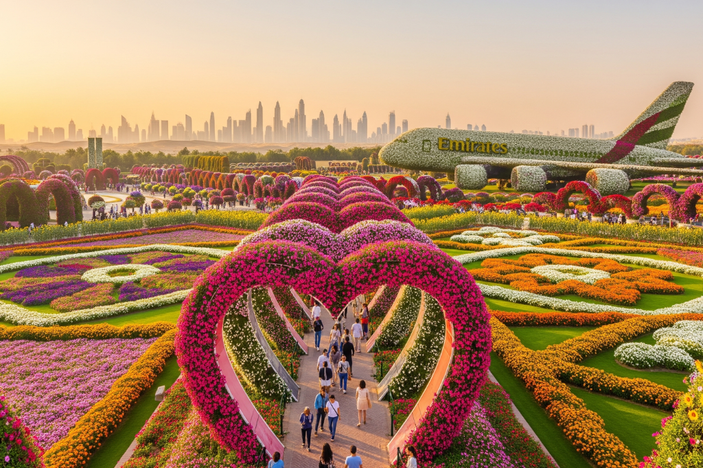Dubai Miracle Garden Heart Tunnel mit Emirates A380 Blumenskulptur, 150 Millionen Blumen, größter natürlicher Blumengarten der Welt