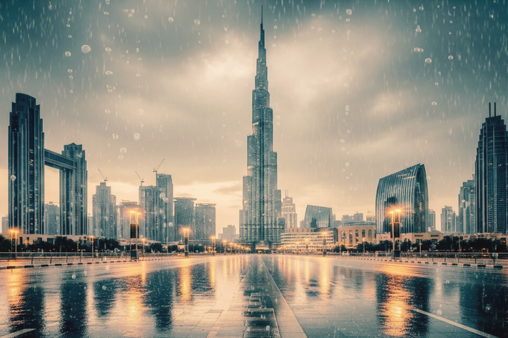 Dubai skyline with Burj Khalifa during rare rainstorm showing wet streets and city light reflections