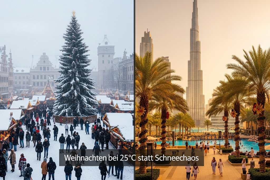 Split-Screen Vergleich: Links deutscher Weihnachtsmarkt mit Schnee und Winterkleidung, rechts Dubai Skyline mit Burj Khalifa, Palmen und Menschen in Sommerkleidung bei 25 Grad Celsius