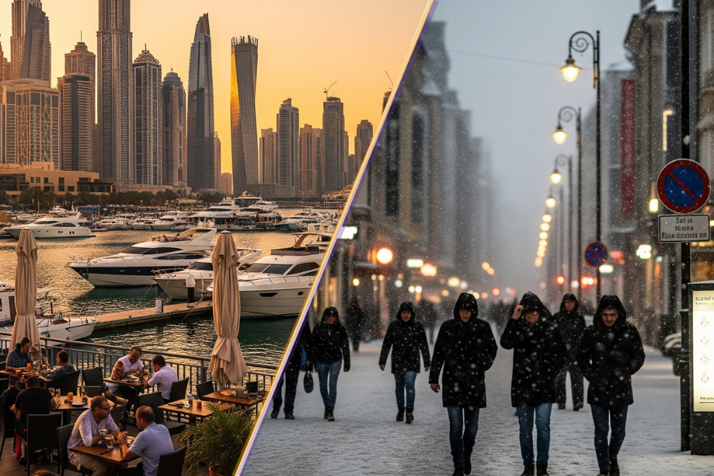 Split-screen Vergleich Dubai Marina bei 25°C im November mit Menschen beim Outdoor-Dining vs deutsche Winterstraße mit Schnee und Menschen in Winterkleidung
