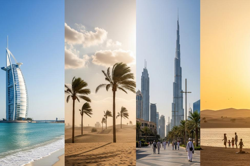 Dubai Wetter Jahresüberblick: Burj Al Arab Strand, Palmen im Wind, Burj Khalifa Skyline und Sonnenuntergang zeigen verschiedene Wetterbedingungen