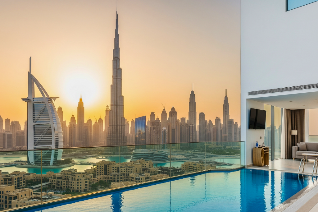 Dubai günstige Hotels zeigen moderne Budget-Unterkünfte mit Pool und Burj Khalifa Panorama