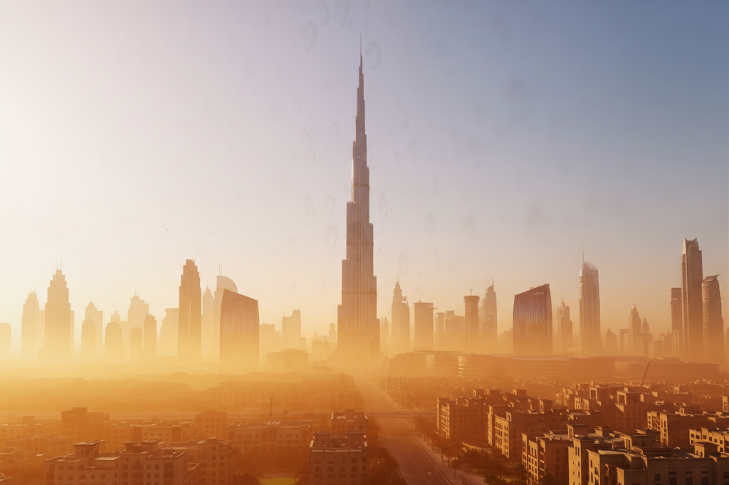Hitzeschleier über Dubais Skyline – extreme Luftfeuchtigkeit im Sommer.