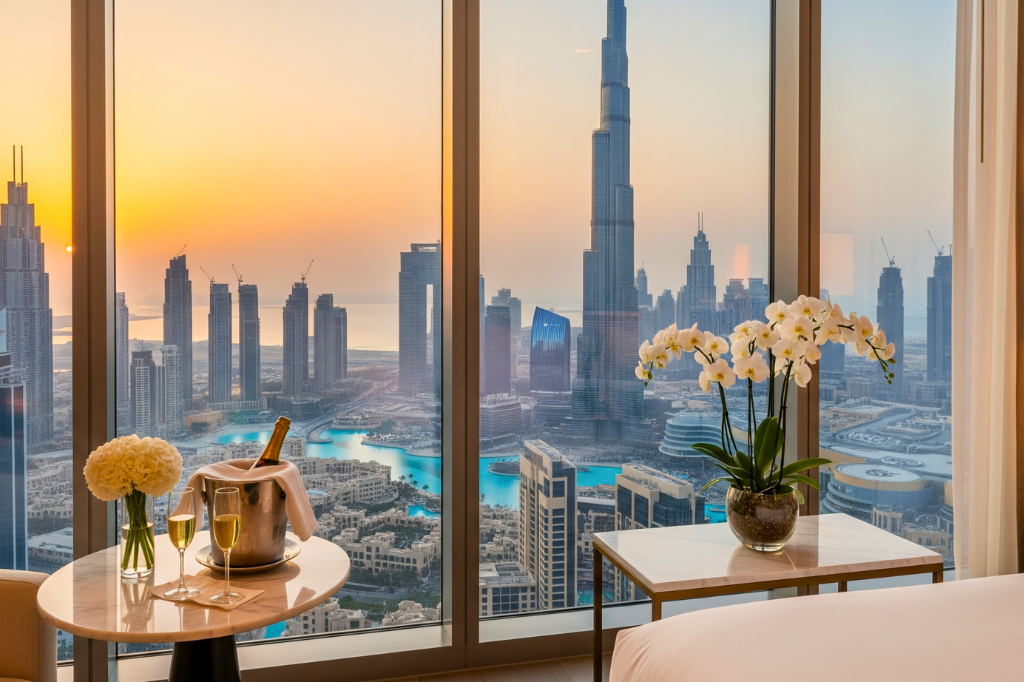 Luxuriöse Hotel-Suite in Dubai mit Panoramafenster, Champagner und Orchideen, Blick auf Burj Khalifa und Dubai Skyline bei Sonnenuntergang