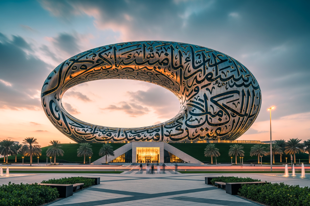 Das futuristische Museum der Zukunft in Dubai bei der blauen Stunde, ein ovales silbernes Gebäude mit arabischer Kalligrafie