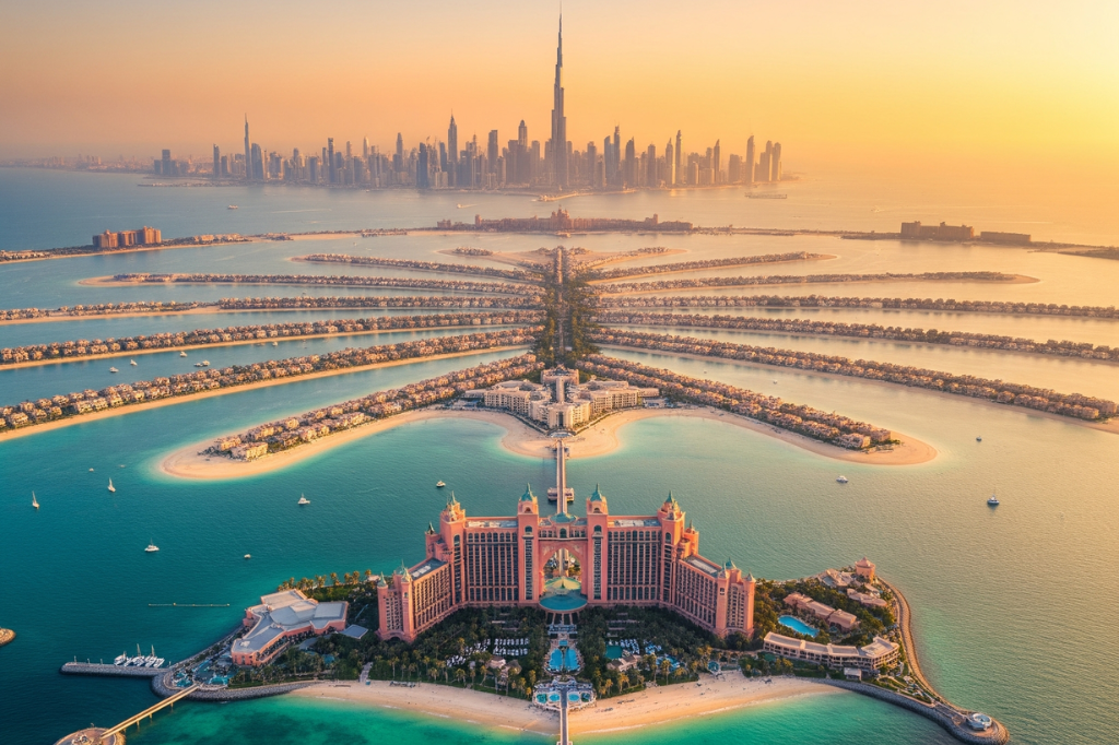 Palm Jumeirah Dubai Luftaufnahme mit Atlantis Resort und Burj Khalifa Skyline bei Sonnenuntergang