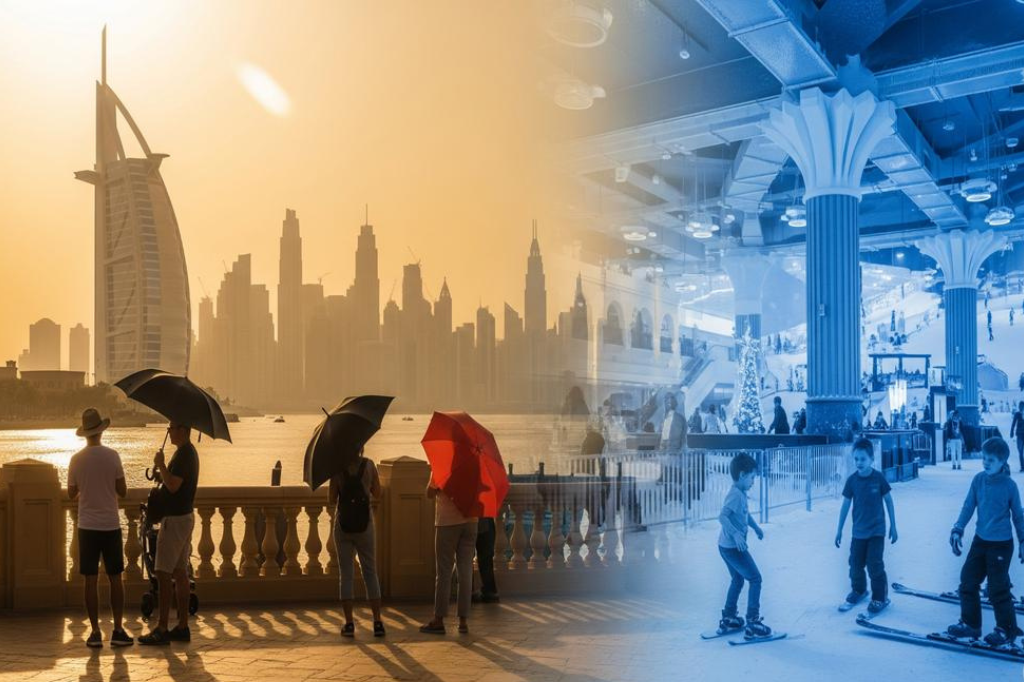 eteiltes Bild mit heißem Sommerpanorama vor dem Burj Al Arab links und Ski Dubai mit spielenden Kindern im Schnee rechts