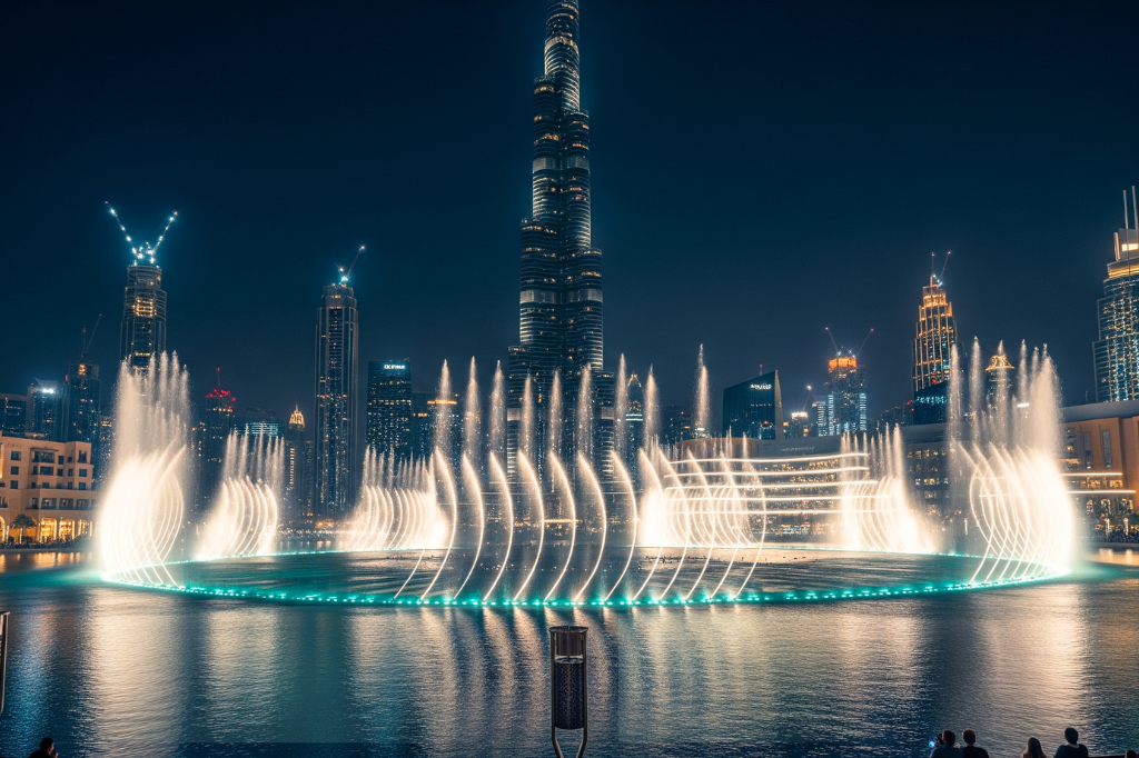 Wasserspiele Dubai bei Nacht mit illuminierten Wasserfontänen vor der Skyline von Downtown Dubai