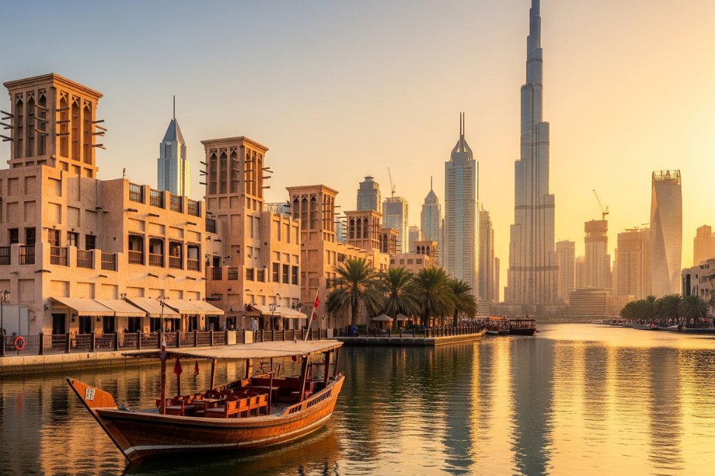 Traditionelles Dhow-Boot auf dem Dubai Creek bei Sonnenuntergang mit historischen Windtürmen und moderner Skyline im Hintergrund