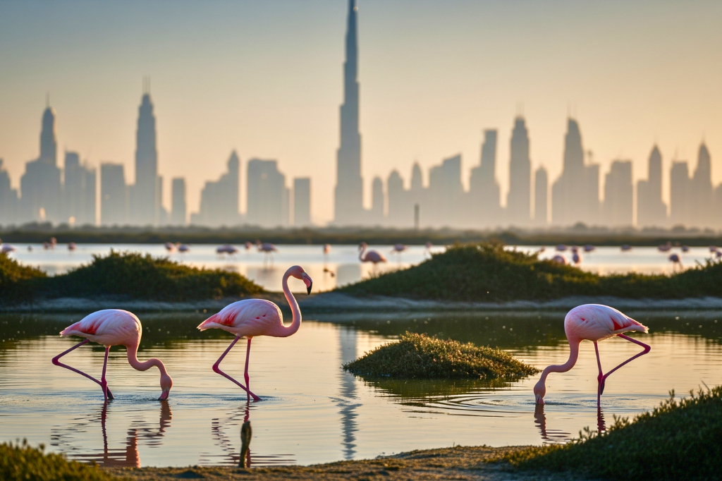 Flamingos im Ras Al Khor Wildlife Sanctuary Dubai mit Stadtpanorama im goldenen Morgenlicht