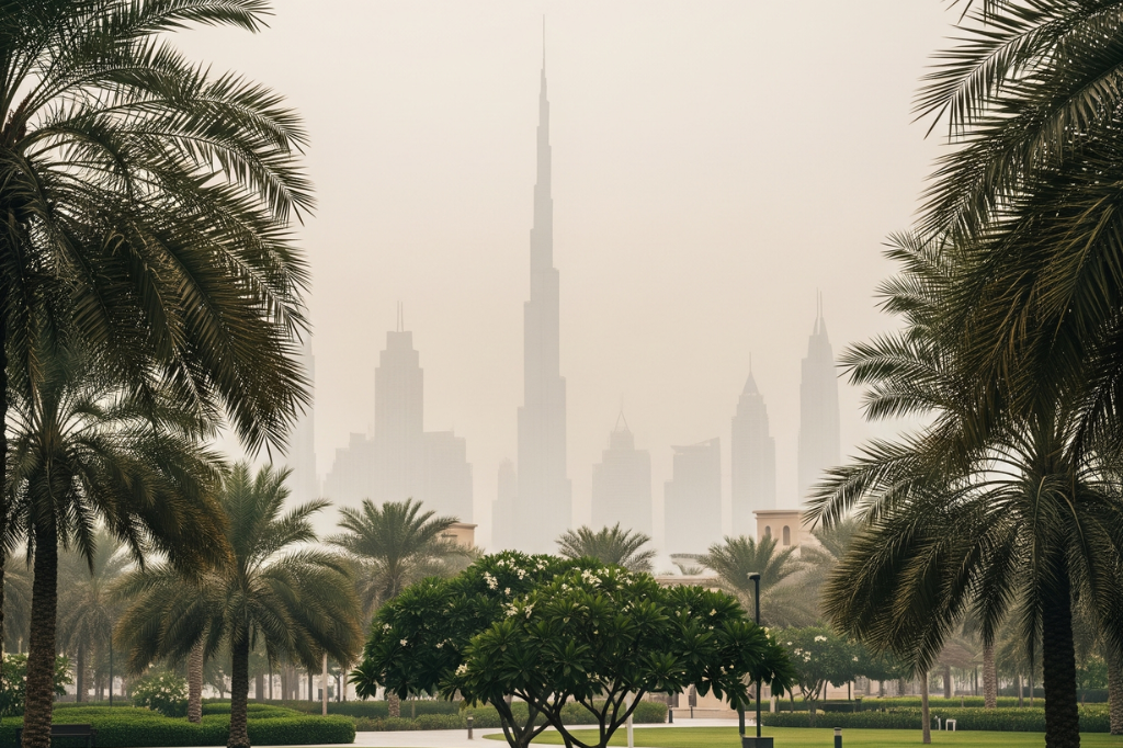 Burj Khalifa in Dubai im dichten Dunst an einem schwülen Tag, umgeben von Palmen im Park – Symbol für hohe Luftfeuchtigkeit in der Stadt.