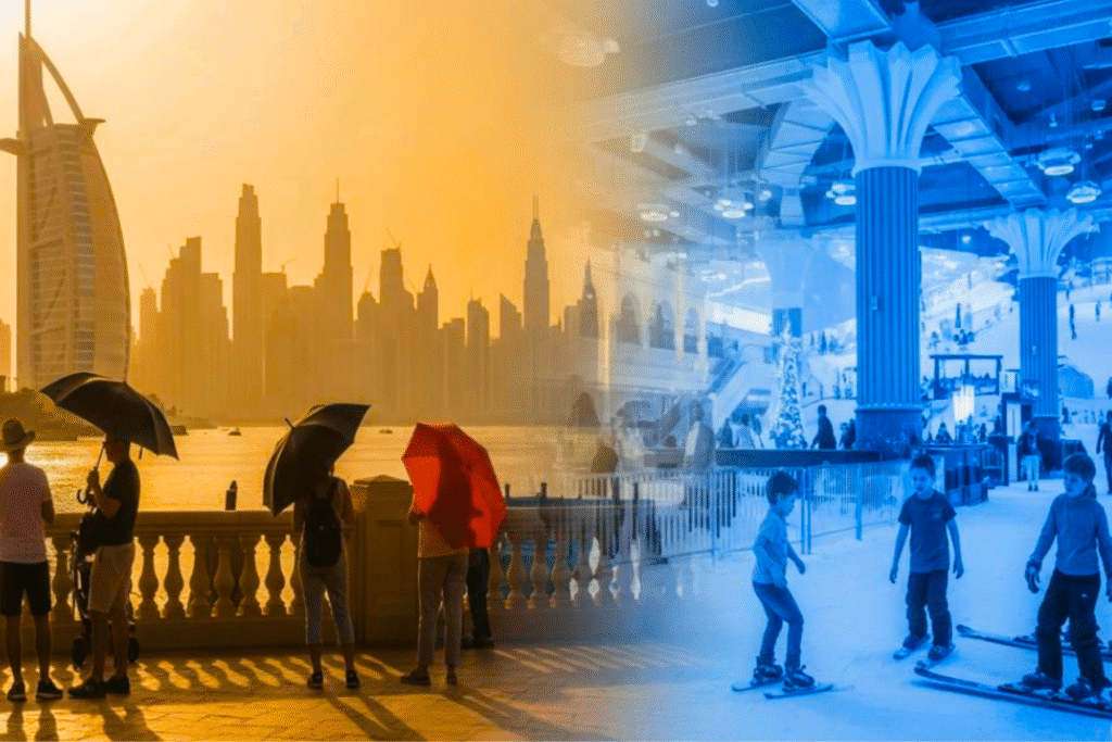 Sommer in Dubai: links heiße Skyline mit Schirmen am Wasser, rechts kühle Indoor-Attraktion (Ski Dubai) – Gegenüberstellung von Hitze und Abkühlung.