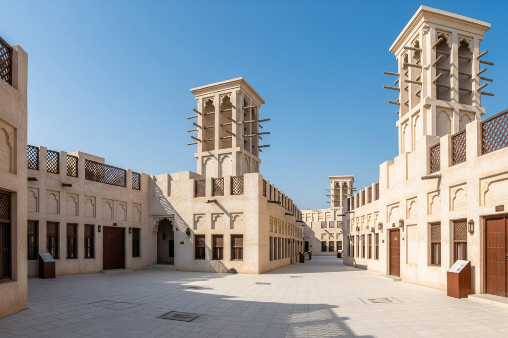Restaurierte traditionelle Windtürme (Barjeels) und Sandsteingebäude im Al Fahidi Historical Neighbourhood Dubai