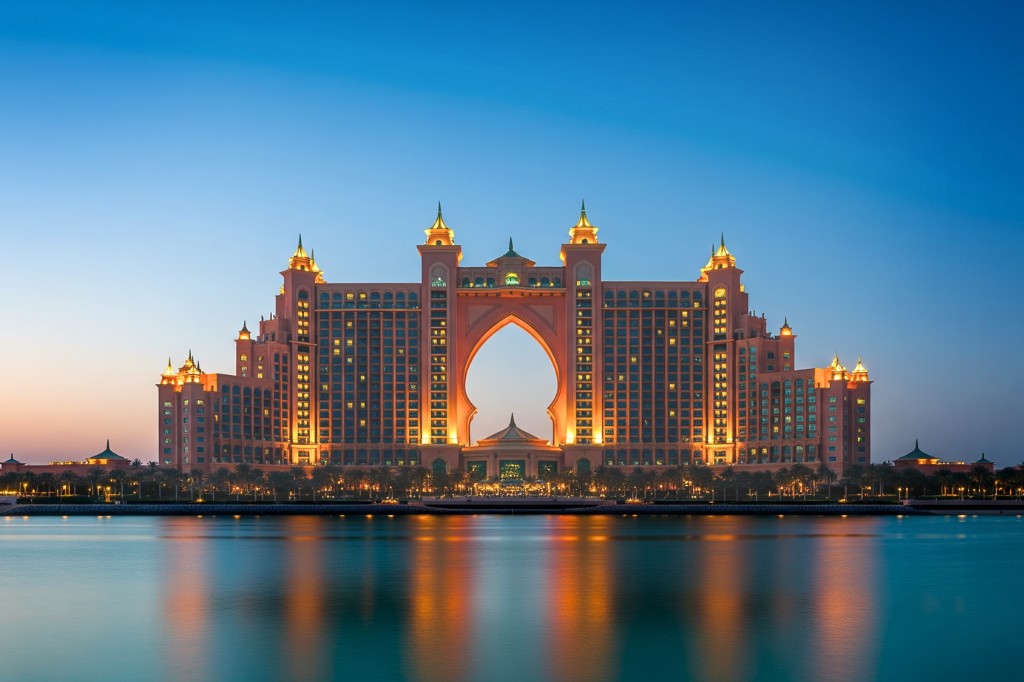 Atlantis The Palm Dubai bei Blue Hour mit goldener Beleuchtung und Spiegelung im ruhigen Wasser.