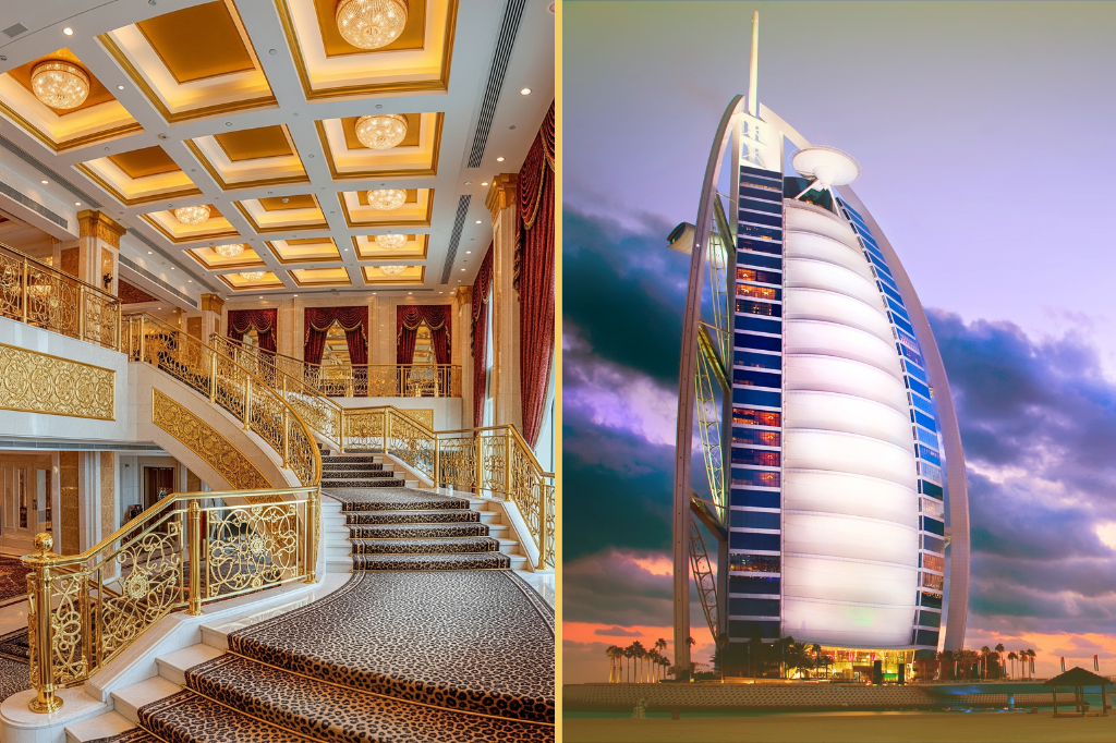 Burj Al Arab in Dubai mit luxuriösem Interieur und ikonischer Segel-Architektur bei Sonnenuntergang